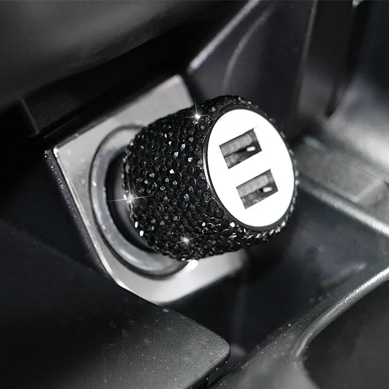 Bling USB Car Charger 5V/2.1A Crystal Decoration Dual Port Fast Adapter,3.9ft Nylon Type C Micro USB 3-in-1 Multi Charging Cable