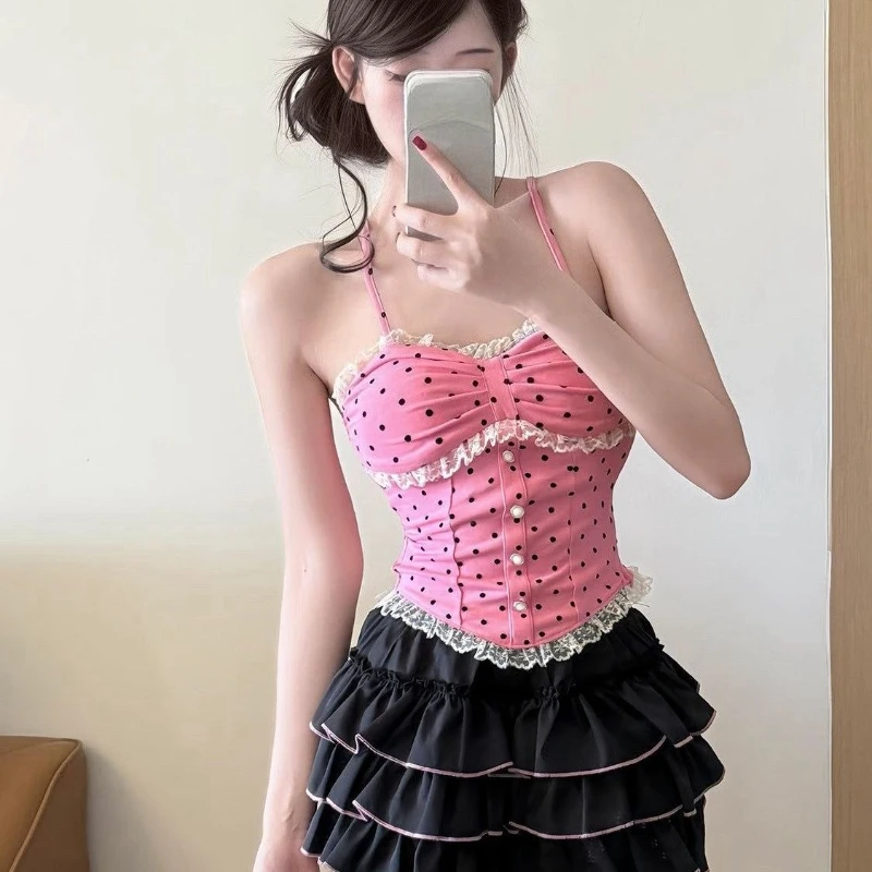 Y2k Japan Style Kawaii 3 Piece Skirt Set Women 2000s Harajuku Vintage Sweet Suits Lolita Polka Dot Long Sleeve Matching Set Chic