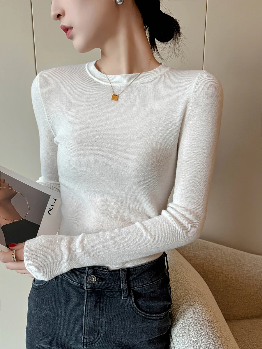 

Белый длинный свек, круглый вязаный свитер Ne, женский базовый слой, модный, простой, осенний, Новое поступление, повседневный, облегающий, слэ