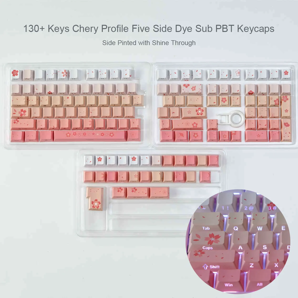 Imagem -06 - Teclas Sakura Rosa Impressão Lateral Rgb Retroiluminado Keycap Cereja Perfil Lado Corante Sub Pbt Keycaps para mx Switches Teclado Mecânico 130