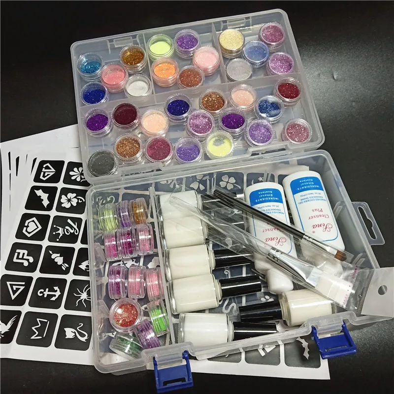 45 Colors Powder Glitter 6 Glues 2 Brushes 5 Hollow Template Kit for Temporary Tattoo Kids Face DIY Nail Phone Body Art