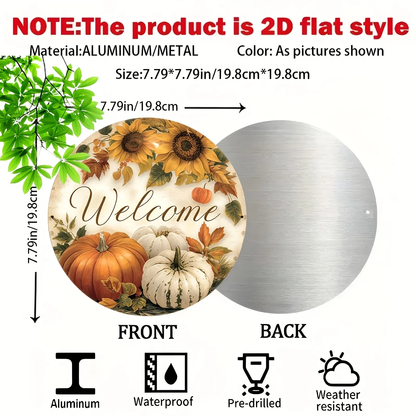 2D Flat 1pc Rustic Farmhouse Welcome Sign - Sunflower & Pumpkin Metal Wall Decor with Cursive Lettering,
