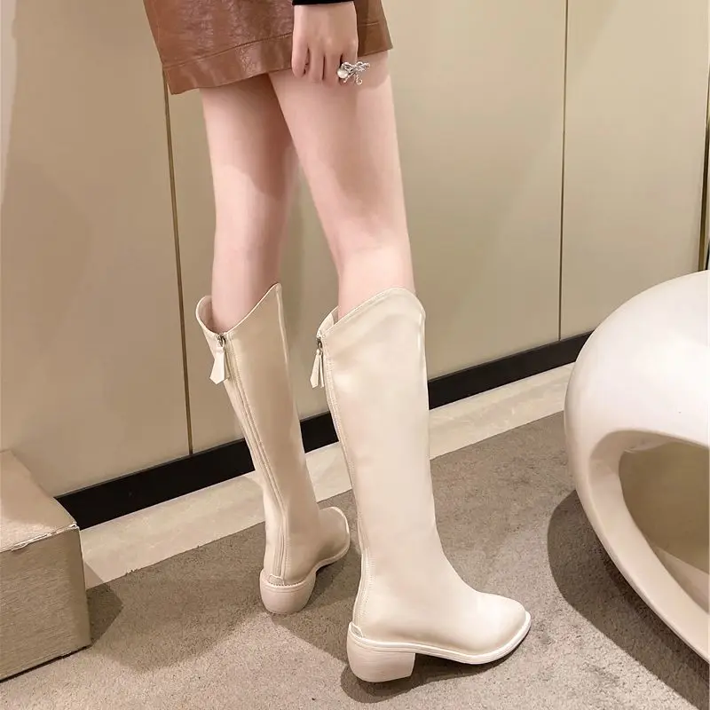 Buty damskie Western Middle Heel Shoes For Women Pointed Toe Footwear Winter Knee High Shaft Punk Long With Stylish Y2k Pu