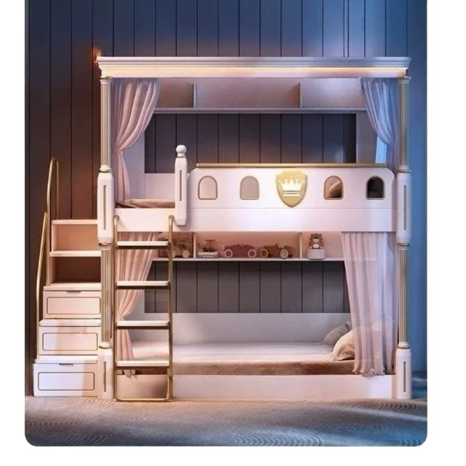 American light luxury bunk beds, siblings do not disturb each other, with wide and high guardrails, solid wood second-layer high