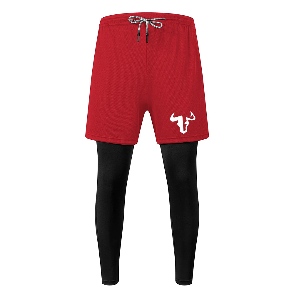 Men's Unique Bull Head Print 2 In 1 Athletic Pants Quick Dry Trousers For Running Fitness With Towel Loop And Phone Pocket