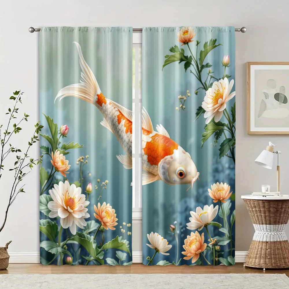 2pcs, Curtain Cloth Elegant Koi Fish Fabric (without rod) Gifts Ldeal for Bedroom, Living Room, Office Decor , Rod Pocket Design