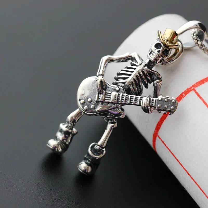 Vintage Skull Playing Guitar Pendant Necklace For Men Fashion Hip Hop Rock Party Stainless Steel Chain Hip-hop Jewelry Gifts