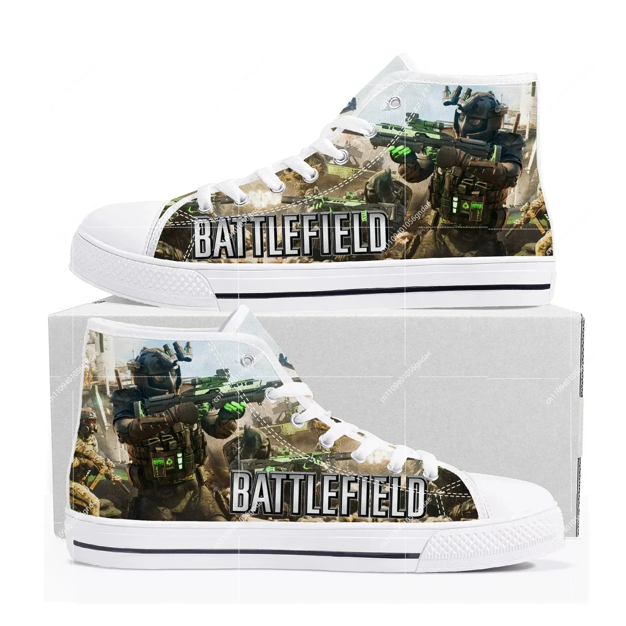 

Кроссовки Battlefield High Top с мультяшным принтом для мужчин, женщин и подростков, высококачественные модные кеды из канваса, повседневные кроссовки на заказ