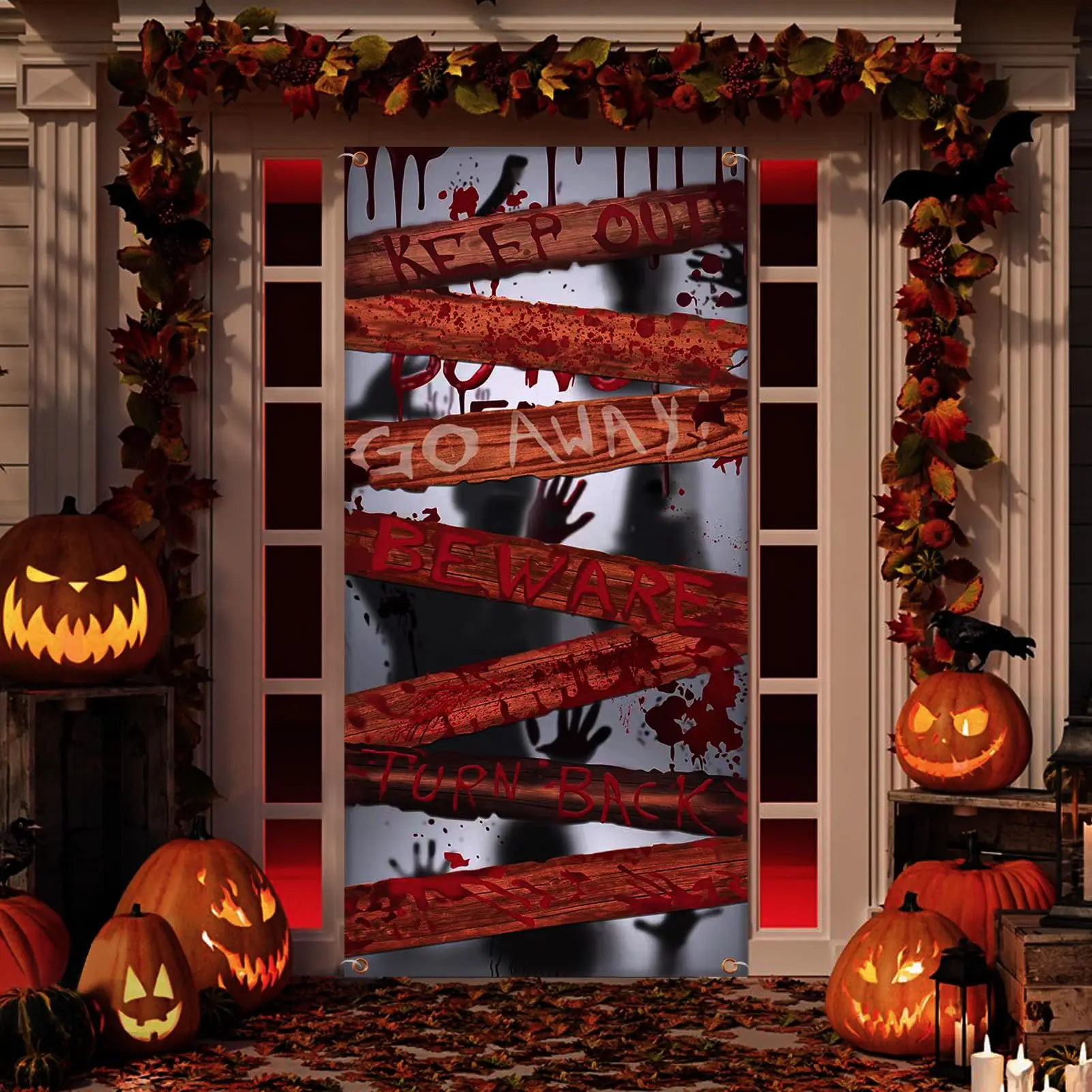 

VIKAMA Halloween Scary Door Curtain Tapestry “KEEP OUT” Bloodstained Warning Message Entryway Haunted House Scenery
