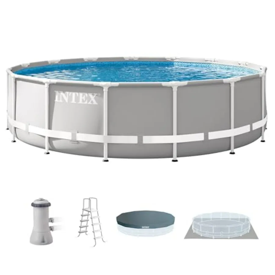 Above ground swimming pool set for backyard use, steel frame with blue finish, rust-resistant and durable construction