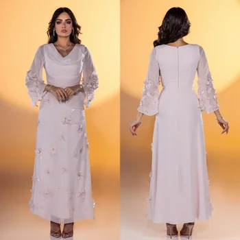 맞춤형 포멀 쉬폰 플리츠 플라워, A 라인 V넥 미디 드레스, 맞춤형 행사 드레스, 클래식 절묘한 모던 스타일 파스트로