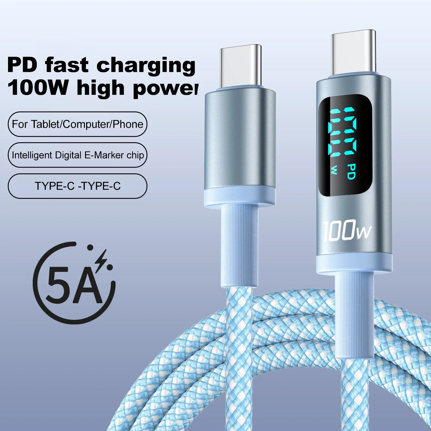 PD 100W 5A Braided Super Fast Charging Usb C To Type C Cable with Led Display for Iphone 16/15 Pro Max Plus for Oppo Xiaomi