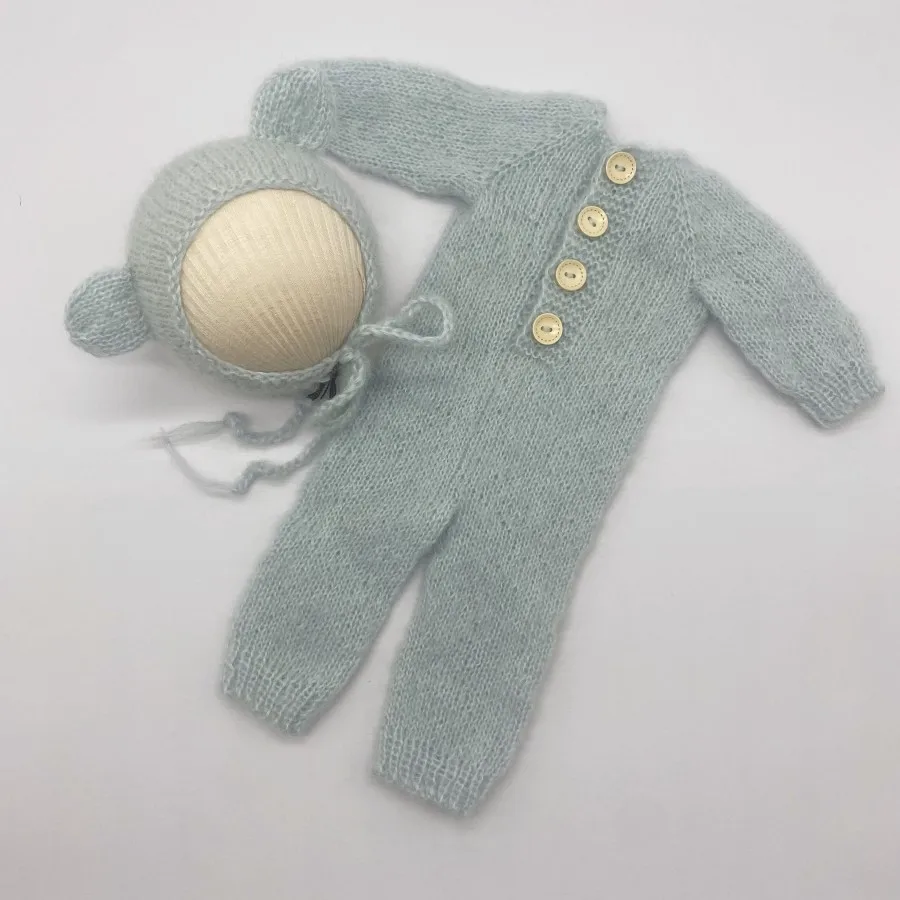 Hand Made Newborn Mohair Onesie  Photography Props Baby  Bear Bonnet & Romper Set