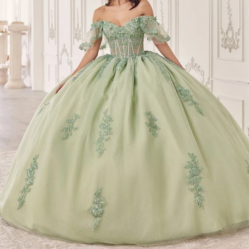 

Glitter Sage Green Quinceanera Dresses Ball Gown Off The Shoulder Applique Lace Beading Tull Corset Sweet 16 Vestidos De 15Anos