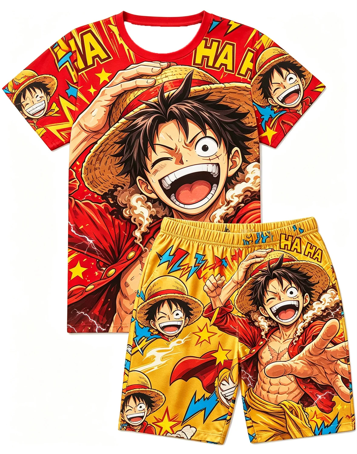 Bandai One Piece Monkey D Luffy Laugh Anime Print T-Shirt Drawstring Shorts Set For Men Women Kids Home Casual Two Piece Outfit