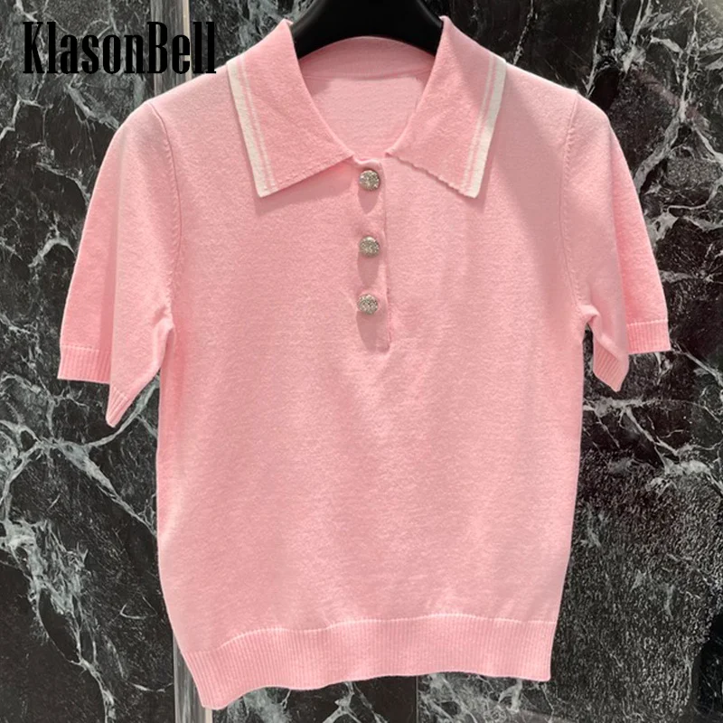 

7.3 KlasonBell Women Classic Striped Turn-down Collar Knitwear Top Diamonds Button Short Sleeve Pullover T-Shirt