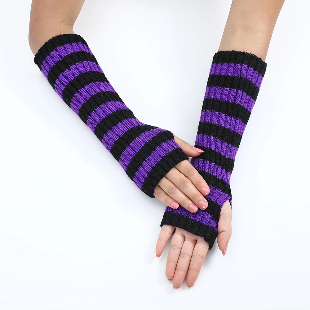 Knitted Arm Sleeve Women\'S Striped Long Fingerless Gloves Winter Wool Wrist Arm Warmer Arm Covers Y2K Punk Gothic Elbow Mittens