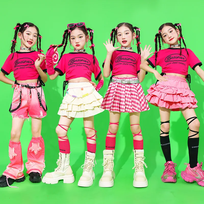 Mädchen Schöne Street Hip Hop Crop Top Silber Tiered Röcke Kind Gedruckt T-shirt Kleidung Sets Kinder Street Dance Jazz Kostüme