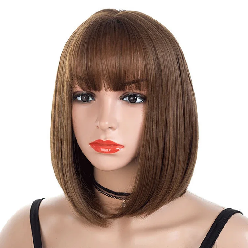

12-Inch Light Brown And Dark Brown Short Straight Hair Synthetic Wig Cosplay Suitable For Women'S Daily Christmas Party Bob Wig