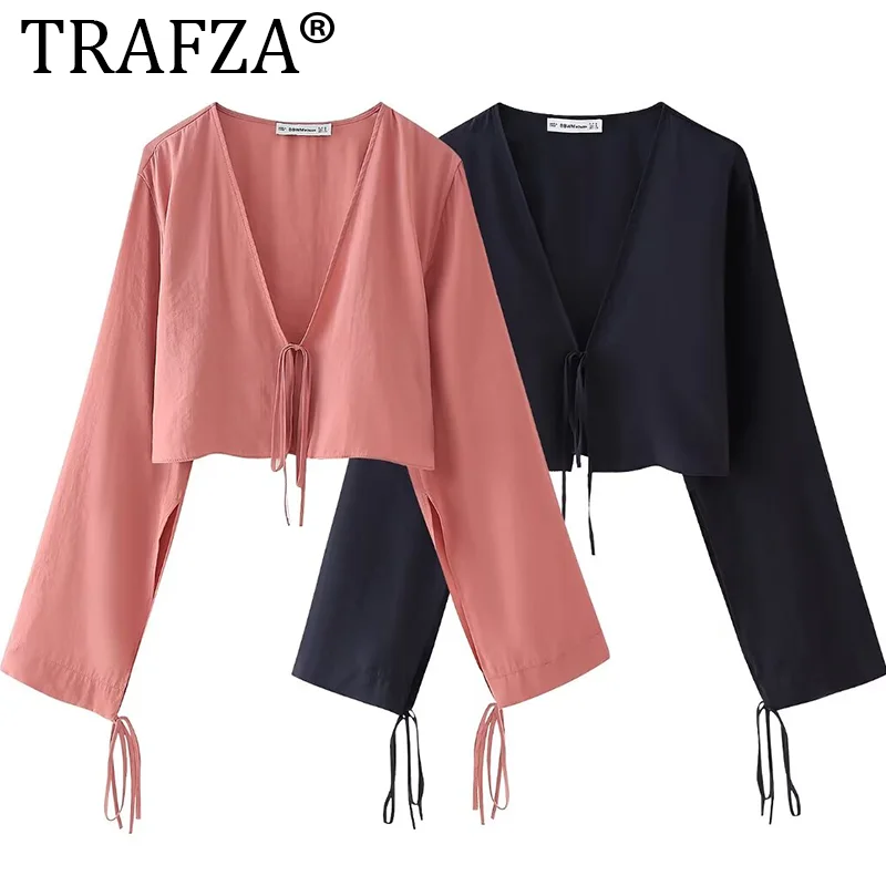 TRAFZA Women Solid Loose Cropped Shirts Top Fashion Woman Versatile Streetwear Female Shirt Tops