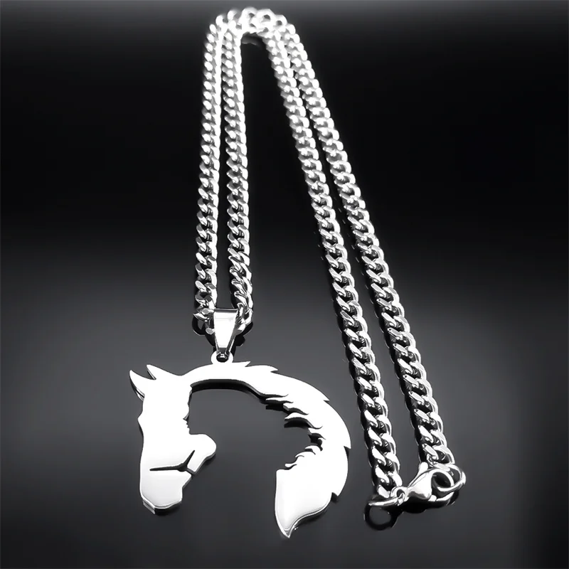 Pferd und Mädchen Silhouette Anhänger Halskette für Frauen Männer Edelstahl hohl Pferdekopf Tier Halsketten Schmuck Geschenk n3215s03 – Detail 6