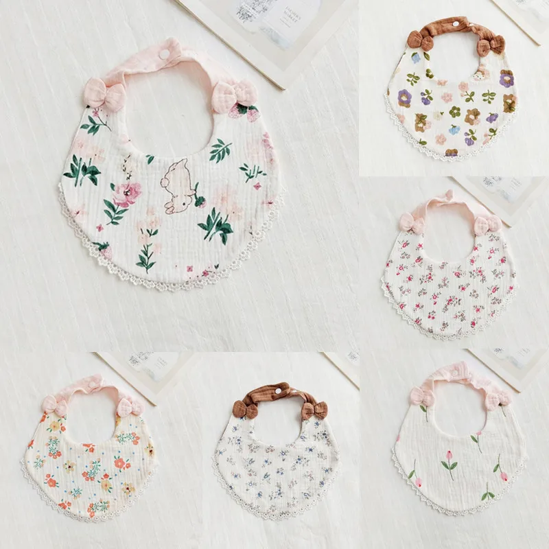 

New Vintage Floral Baby Bib Lace Cotton Muslin Girl Boy Feeding Burp Cloths Bandana Adjustable Button Newborn Saliva Towel