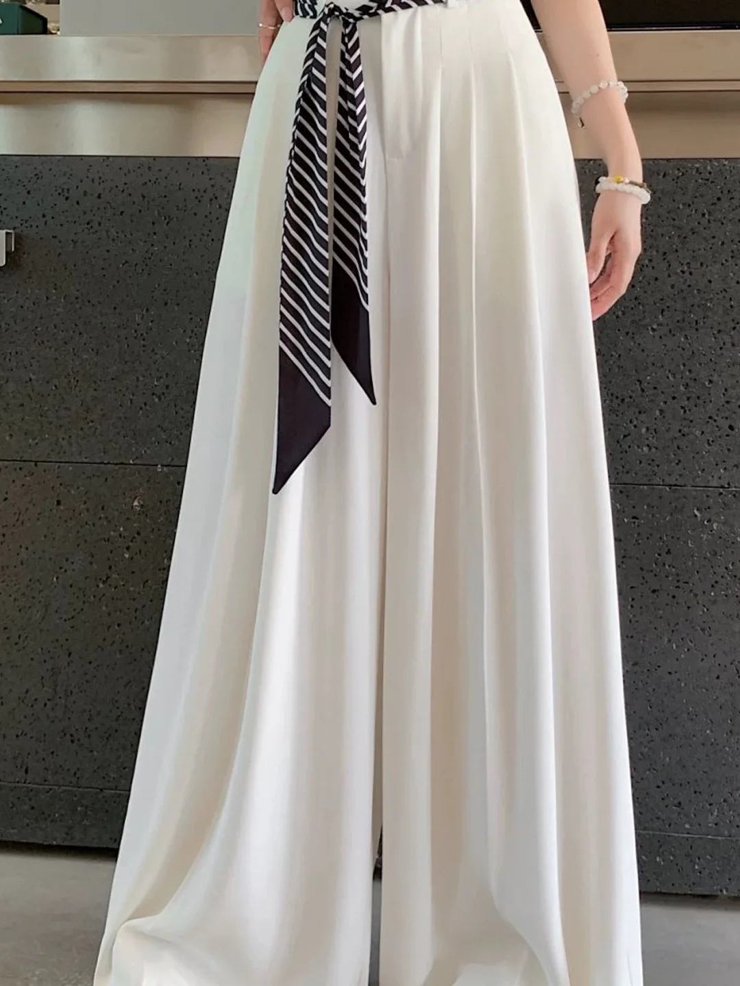 Elegant White Ice Silk Suit Wide Leg Pants Women Summer Thin Silk Scarf Belt High Waist Drape Straight Leg Floor Length Pants...