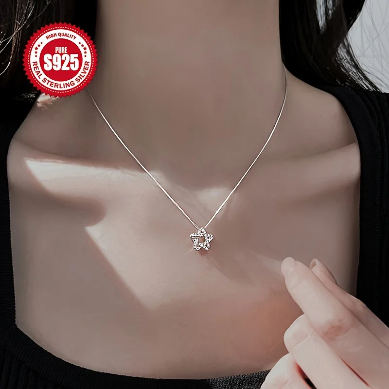 

S925 silver anti-allergic five-pointed star pendant necklace, inlaid with synthetic zircon star pendant, classic versatile, suitable for daily wear, vacation, Valentine's Day, Mother's Day, Thanksgiving, Christmas gifts