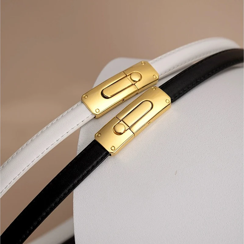 Ceinture fine en cuir véritable pour femmes, ceinture de créateur élégante pour filles, ceinture réglable pour robes et jeans féminins, structure dorée de luxe