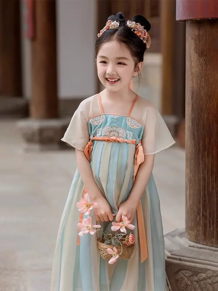 Hanfu gaun lengan pendek anak perempuan, Gaun gaya China harta karun gaya kuno Musim Panas 2024