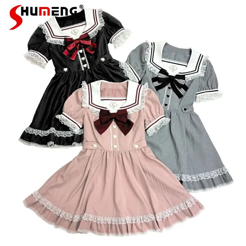 

Japanese Sweet Cute Navy Neck Lace Short Sleeve Dress for Women Mine Mass- Produced Gothic Lolita Slim Cute Dress Summer Dress