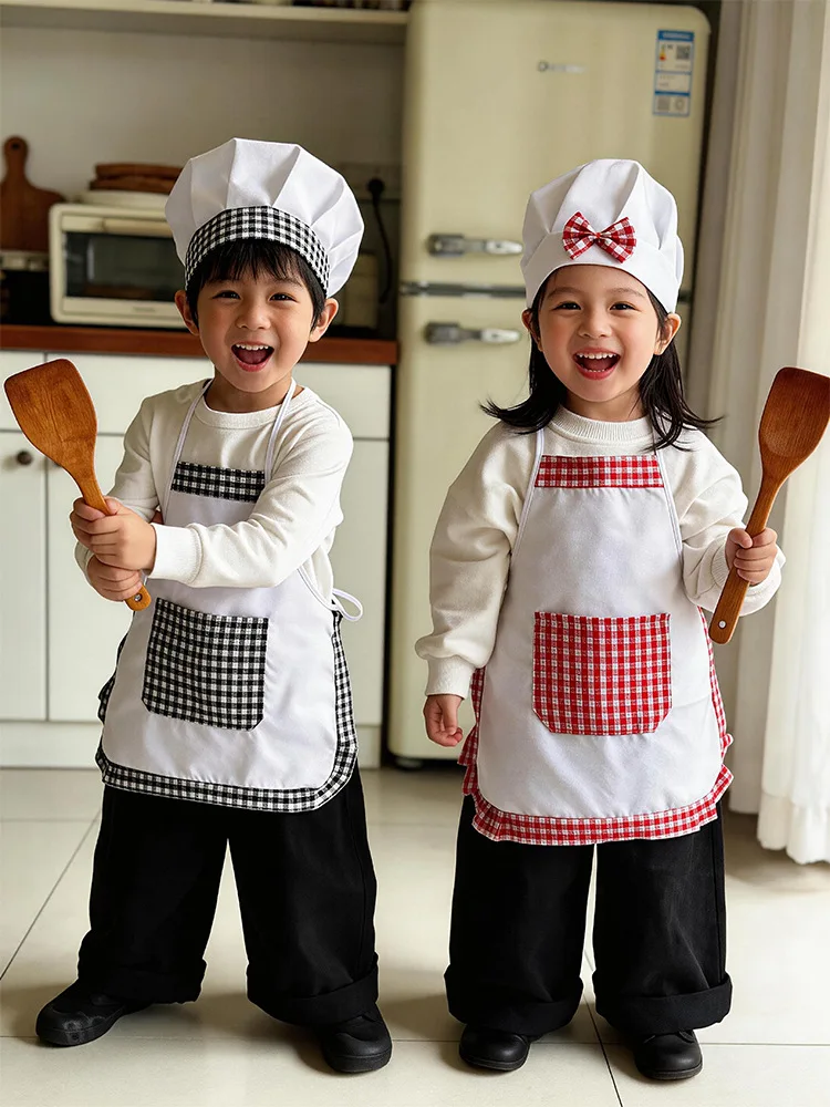 2pcs Plaid Kids Chef Apron and Hat Set Cute Checkered Cooking Costume for Baking Role Play Party Dress Up Kitchen Game Outfit