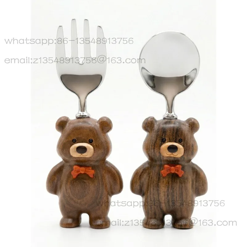 Ebony Gentleman Bear Fork Spoon Set Children's Cute Cartoon Tableware Gift Box for Children