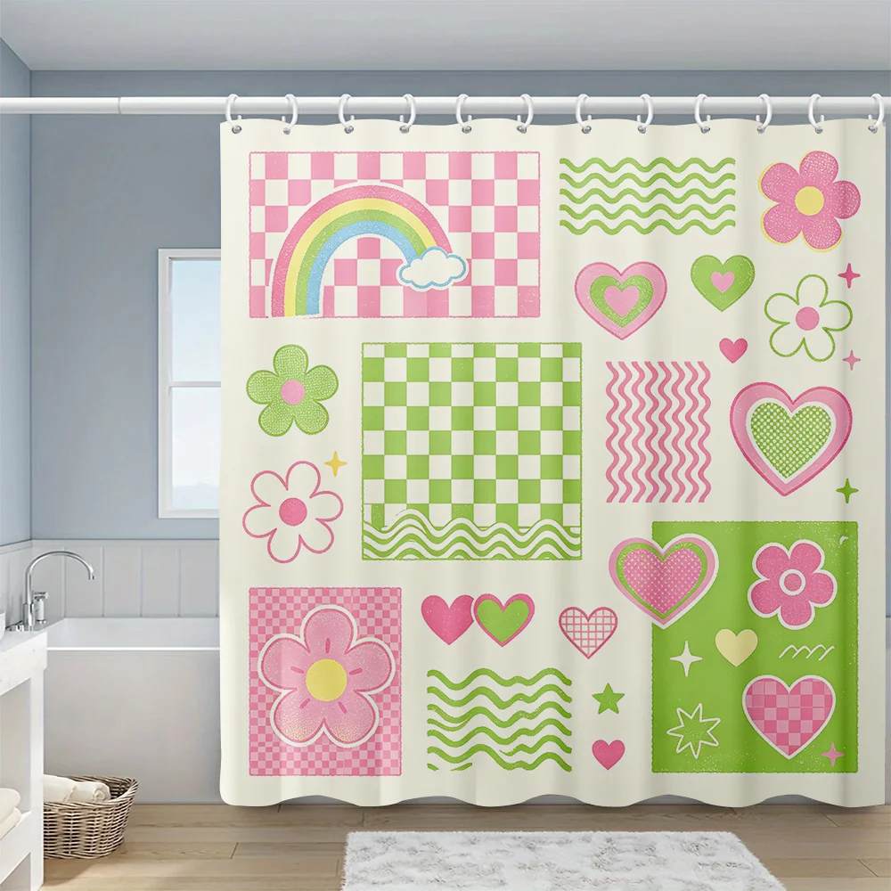 Retro Cute Patchwork Shower Curtain, Pink Green Check Rainbow Heart Floral Wave Collage Pattern, Waterproof Polyester Bathroom