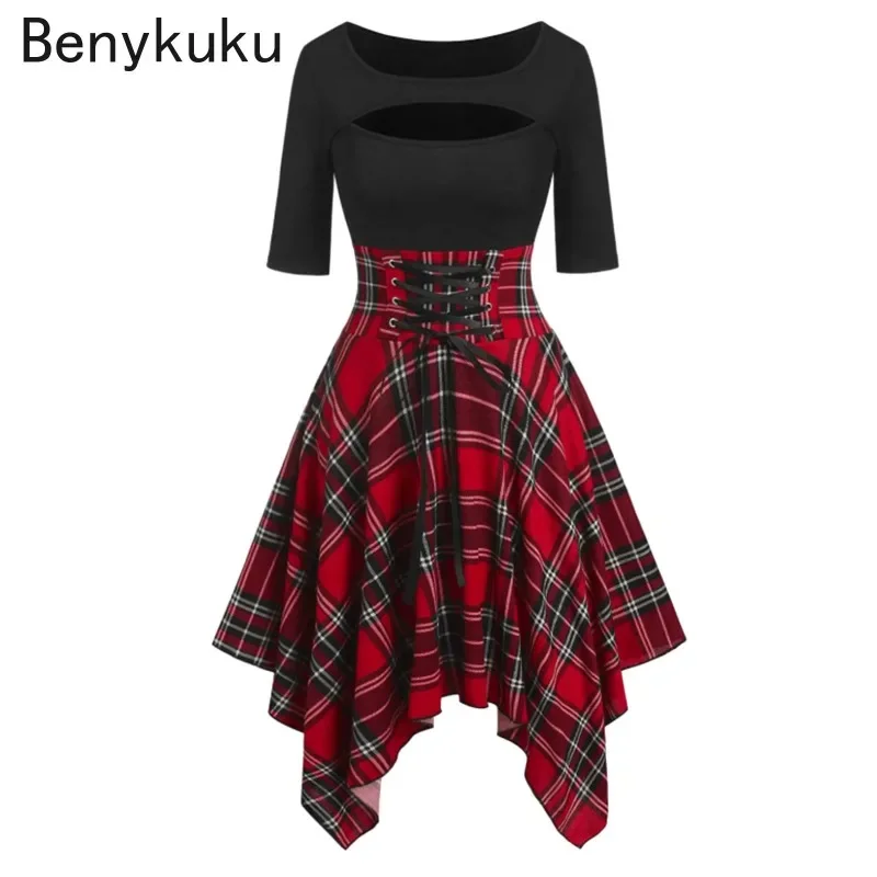 

Black Plaid Gothic Dress Women Vintage Preppy Sexy High Waist Asymmetric Casual Goth Punk Clothes Short Party Dresses Vestidos