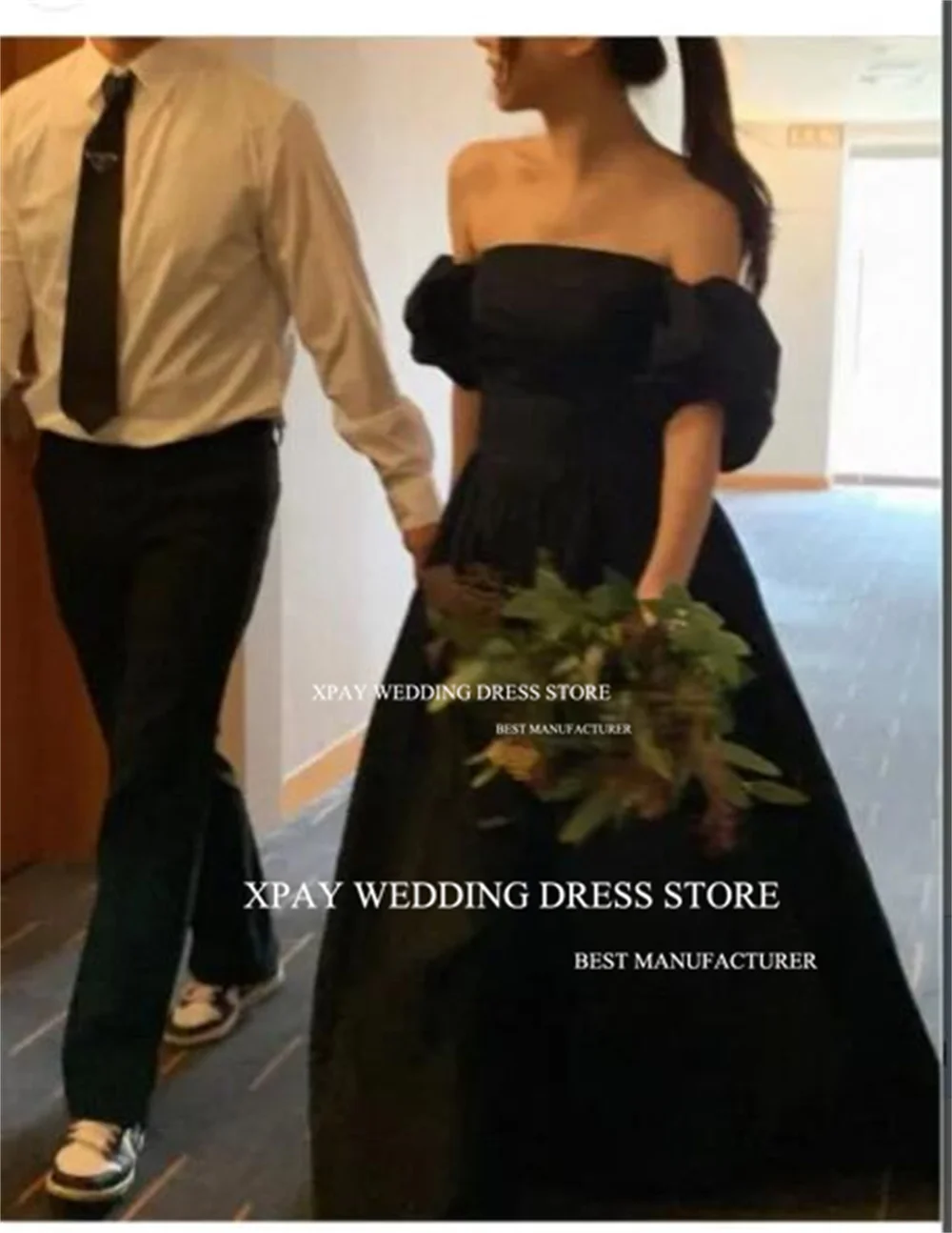 XPAY Strapless Taffeta Korea A Line Evening Dresses Short Puff Sleeve Wedding Customised Backless Custom Formal Party Gown