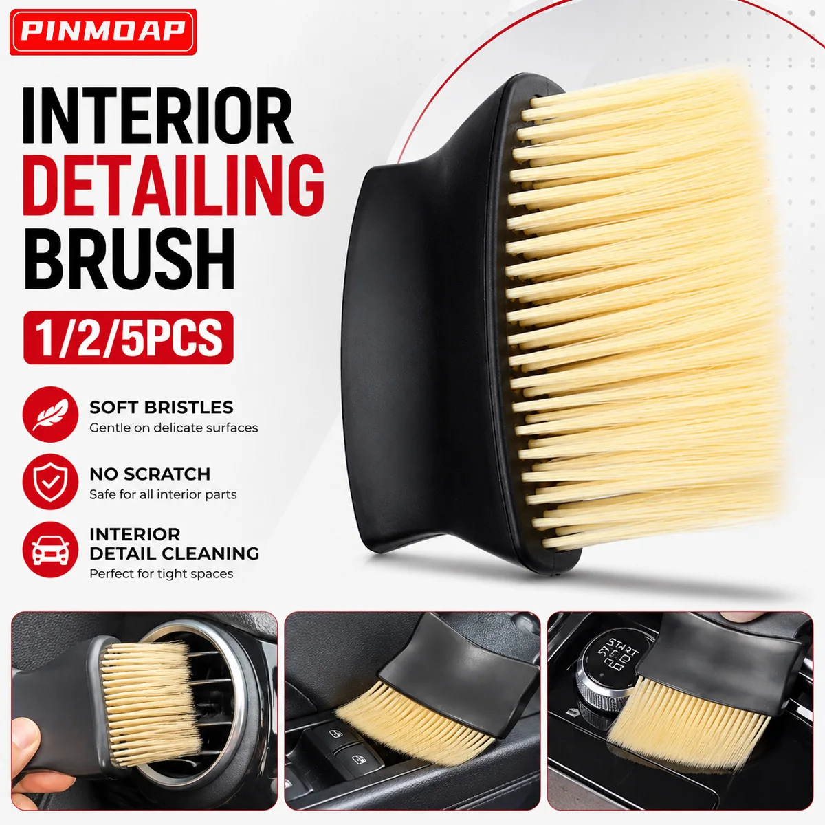 PINMOAP 1/2/5PCS Cepillo de Detallado Automotriz de Pelo Suave, Limpiador de Ventilación Automotriz, Cepillo para Polvo del Panel de Instrumentos, Limpieza de Espacios Internos