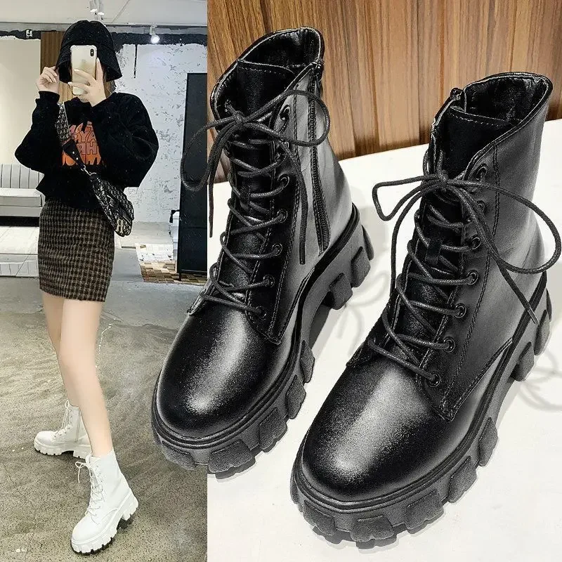 

Chunky Platform Ankle Boots for Women Autumn Winter Thick Sole PU Leather Botas Mujer Plus Size Lace Up Wedges Shoes Woman