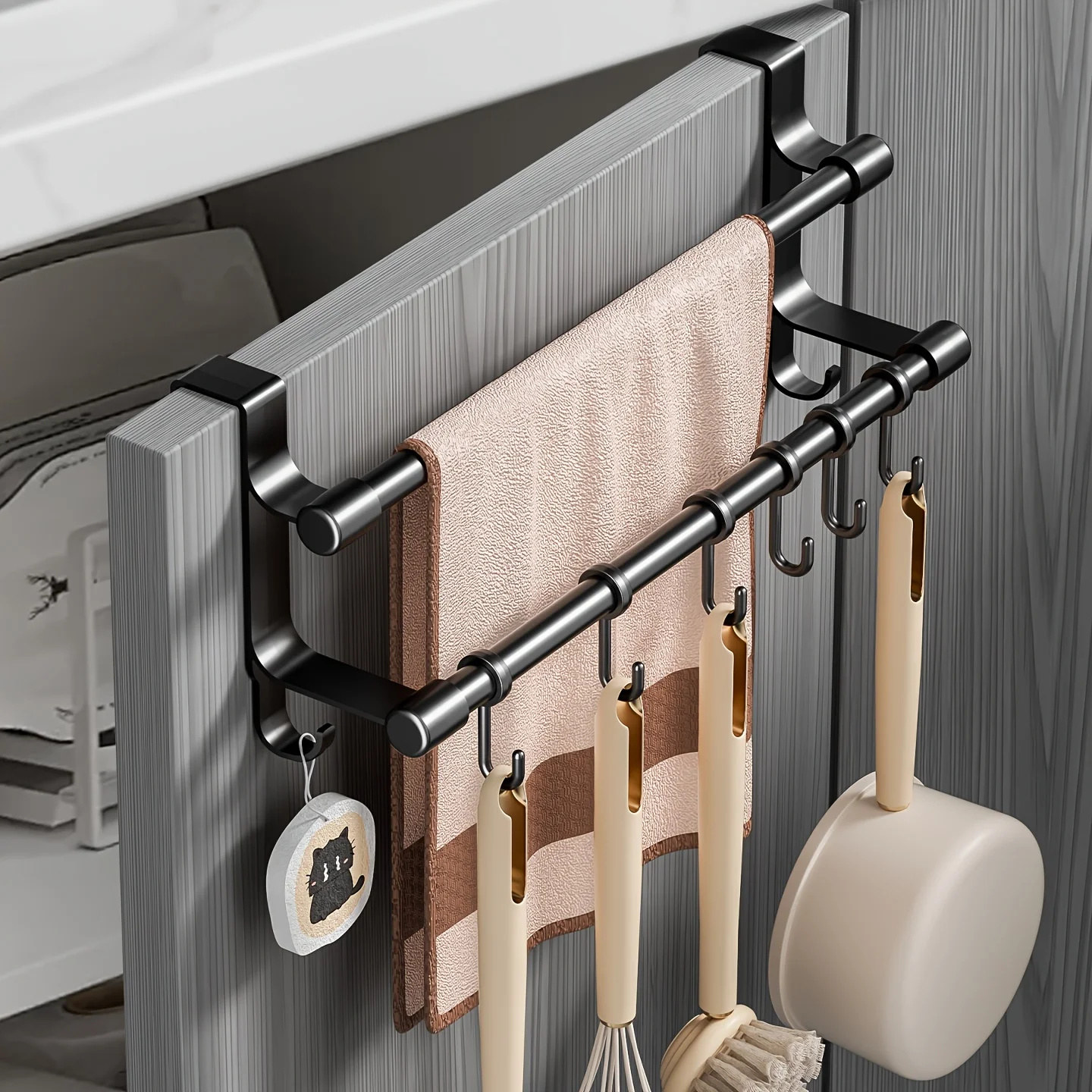 

Modern kitchen towel hangers, double-rod style with hooks, are perfect for organizing and storing towels, rags, and gloves.
