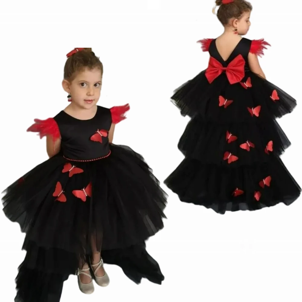 Elegant Black Baby Flower Girls Dress Gown with Butterflies Toddler Frock Long Tail Kid Birthday Party First Communion Gown