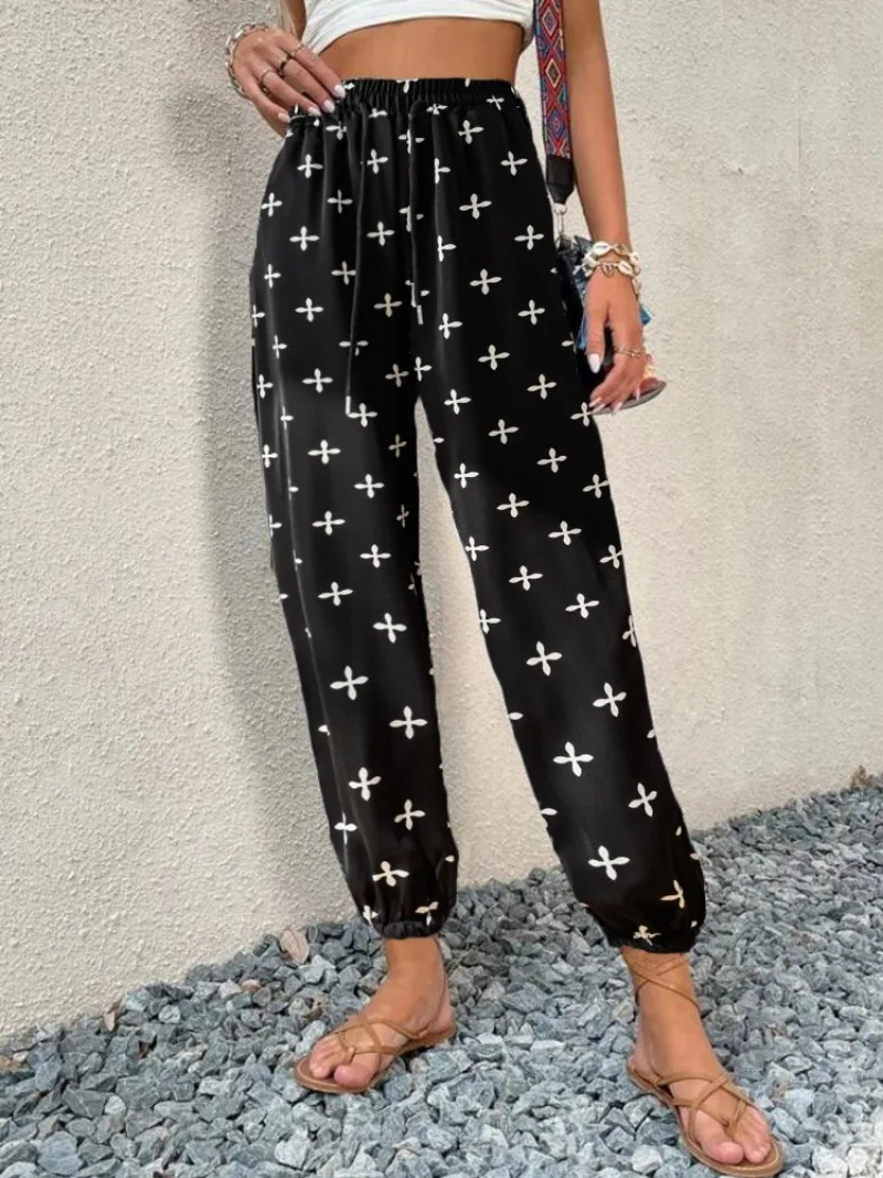 Women Casual Leopard Print Ankle Length Pants 2024 High Waist Drawstring Pant Loose Jogger Fashion Plus Size Ladies Trousers