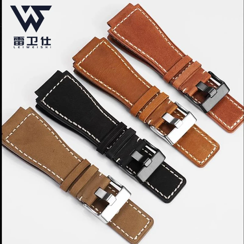 convex cowhide band 34-24mm For Bell Ross B&R BR-01 BR-03 Men Genuine leather watchband silicone rubber waterproof watch strap
