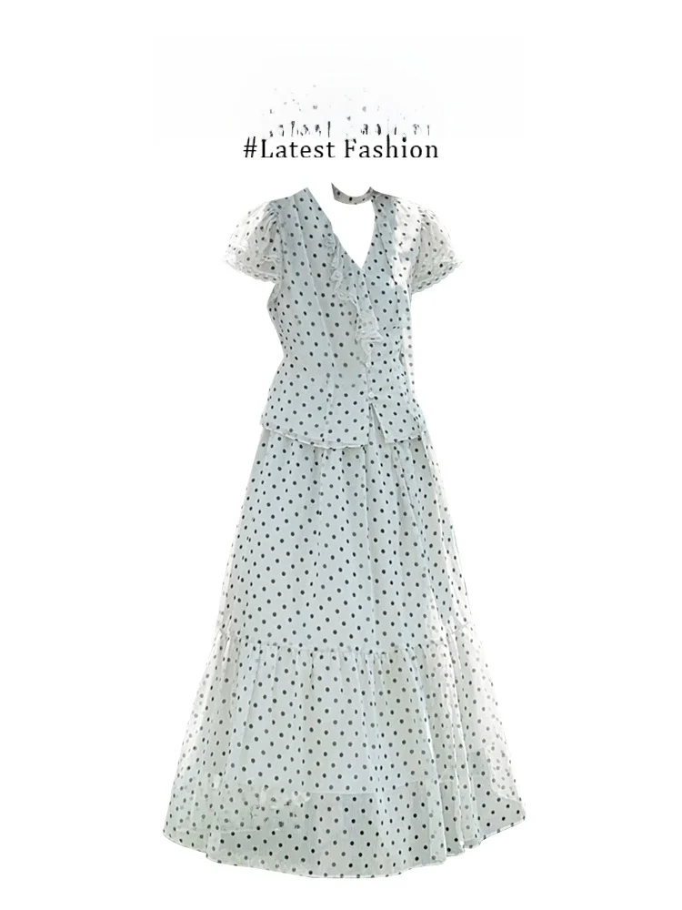 

Комплект из топа и юбки Parkyeon в стиле ретро с драпировкой и принтом в горошек, модный ансамбль, платье-пуловер с короткими рукавами и круглым вырезом