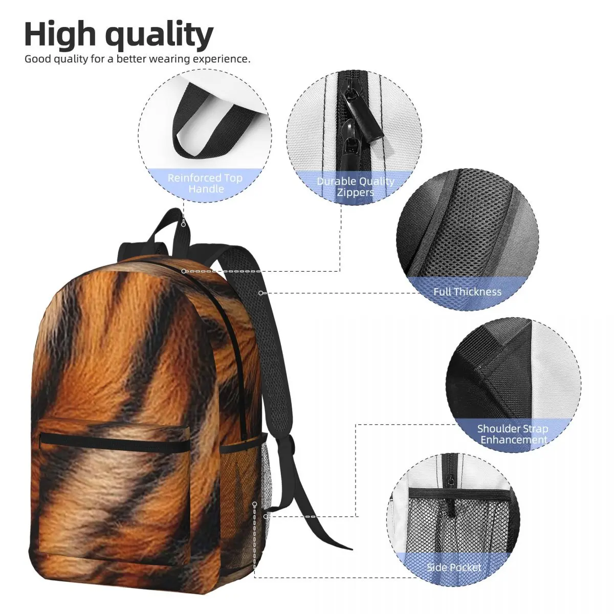 Tiger Skin Backpack Daypack Large Capacity Kids BookBag School Bag Shoulder Bags for Men Women