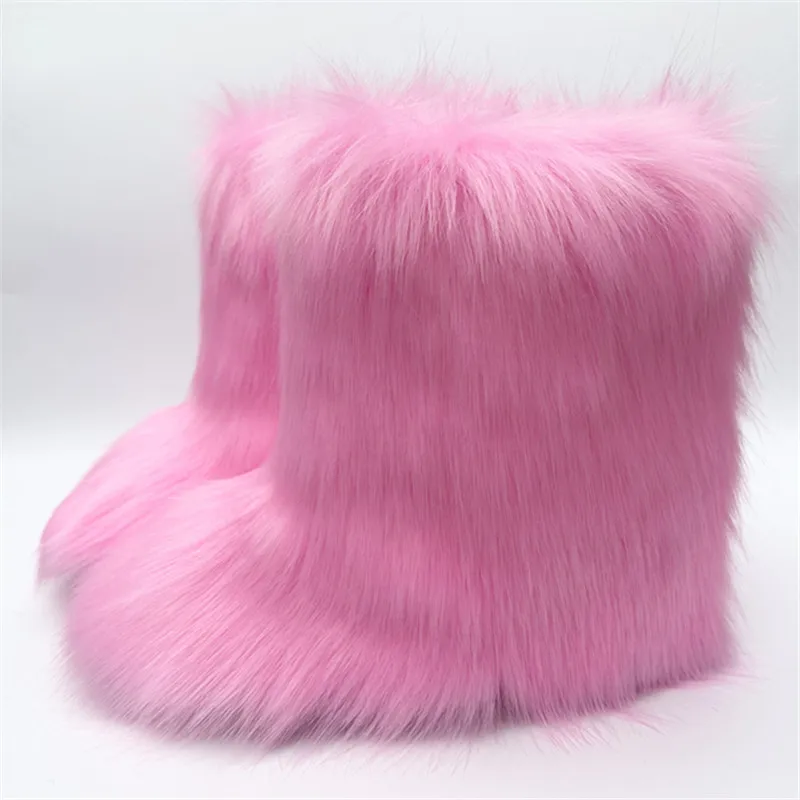 Women Winter Solid Faux Fur Mid-Calf Snow Boots Warm Fluffy Fake Furry Boots Female Footwear Outside Y2K Boots