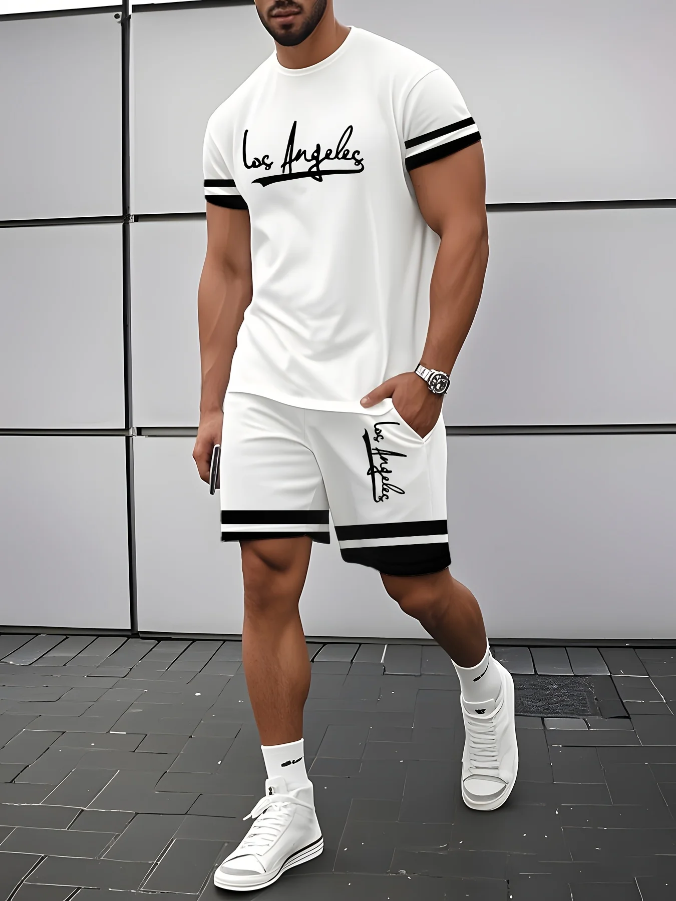 Новинка лета 2025 года, мужская повседневная футболка с короткими рукавами и шорты в полоску с 3D принтом для взрослых, комплект из 2 предметов для бега