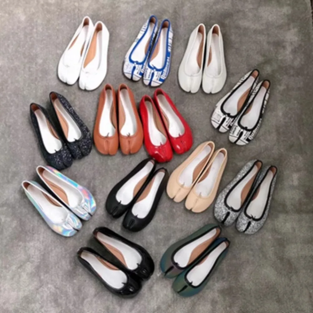 Women's Spring And Summer Fashion Temperament Elegant Split-toe Shoes Silver Flat Ballet Leather Single Shoes #NGSH1688