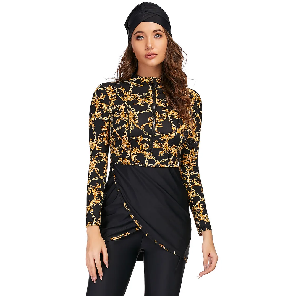 2026年新作-3ピース-プリント柄-フロントジップ-ラップチュニック-モデスト-ブルキニ-水着-レディース-長袖-フルレギンス-ヒジャブ-イスラム教徒用水着