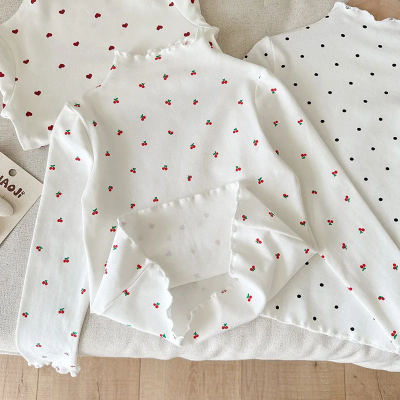 Neues Frühlings- und Herbst-Baby-Mädchen-Oberteil mit Schleifenmuster, Rüschen, Stehkragen und langen Ärmeln, Unterhemd für Kinder, weiches, dehnbares Oberteil. – Detail 7