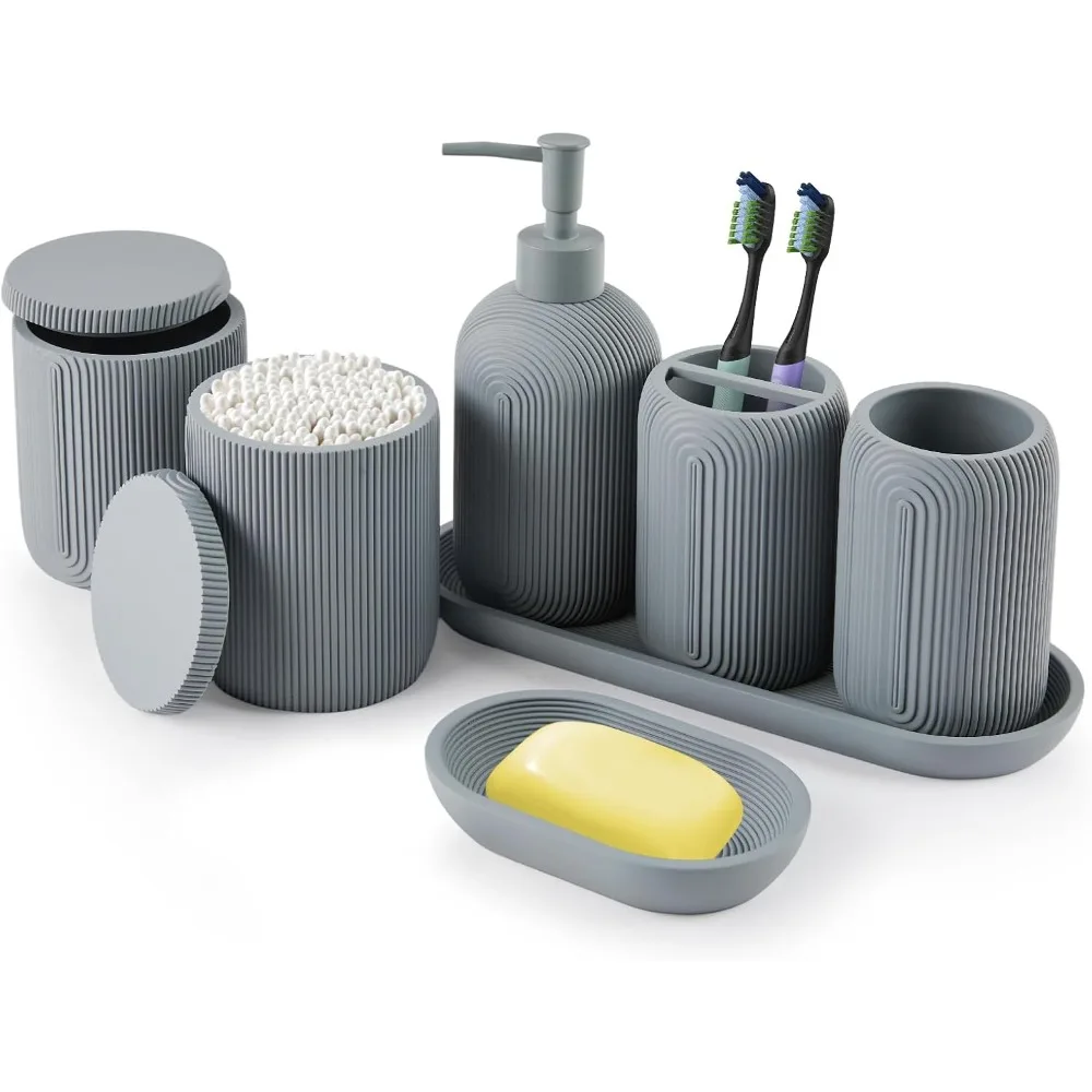 

Bathroom Accessories Set - 7-Piece Resin Bathroom Set, Toothbrush Holders Set, Soap Dispenser, Qtip Holder Dispenser, Tumbler,